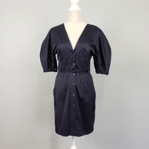 H&M Puff Sleeve Button Front Satin Mini Dress Twee Preppy Navy Blue Sz 4